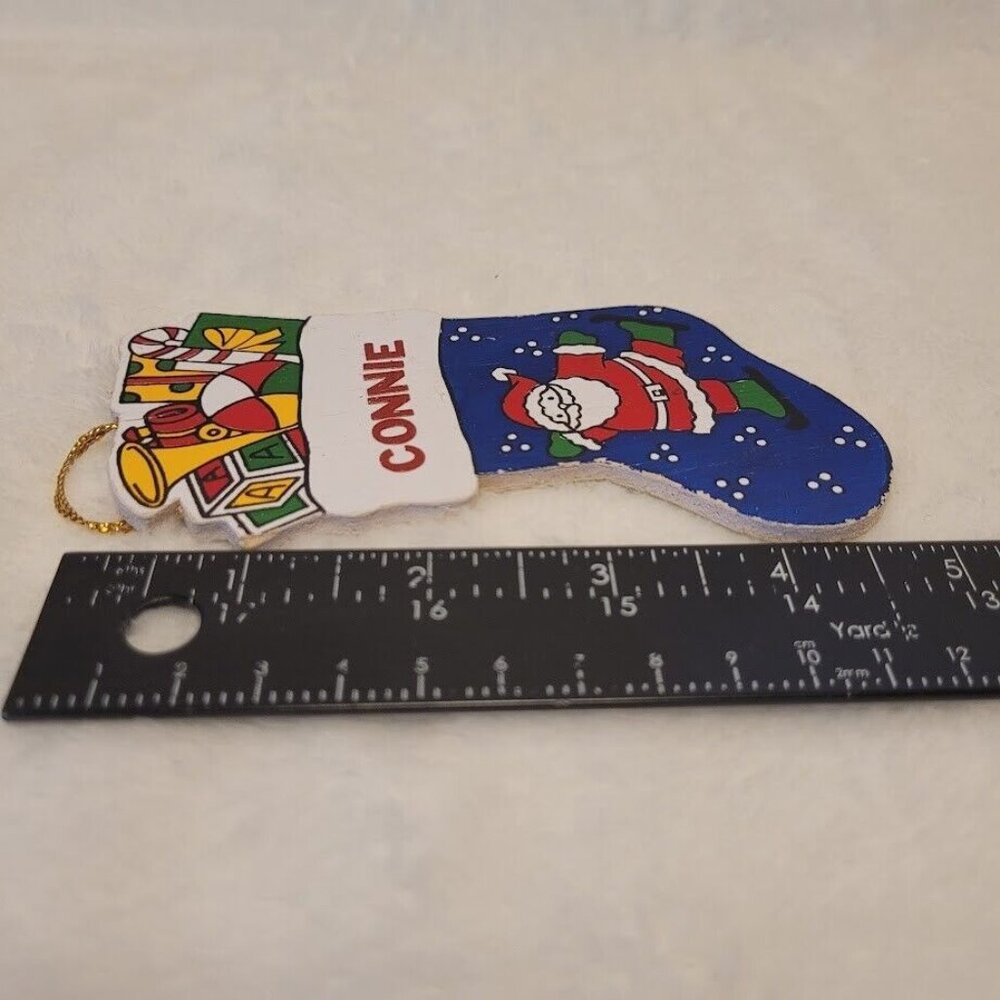 Vintage Wooden Christmas Stocking Ornament Santa Toys Custom Name Connie - Picture 5 of 6